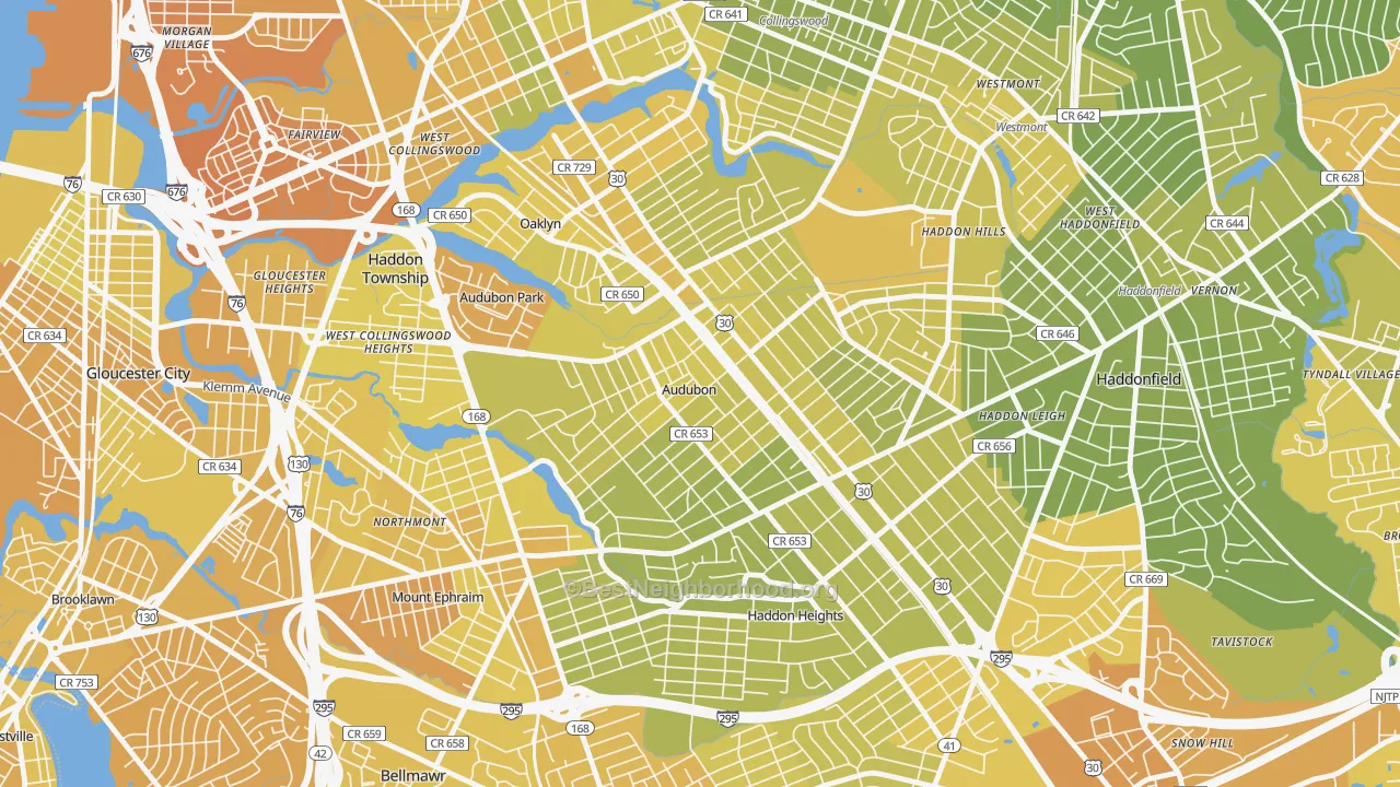 Map of the best neighborhoods in the 08106 area, with better matches in green and worse matches in red