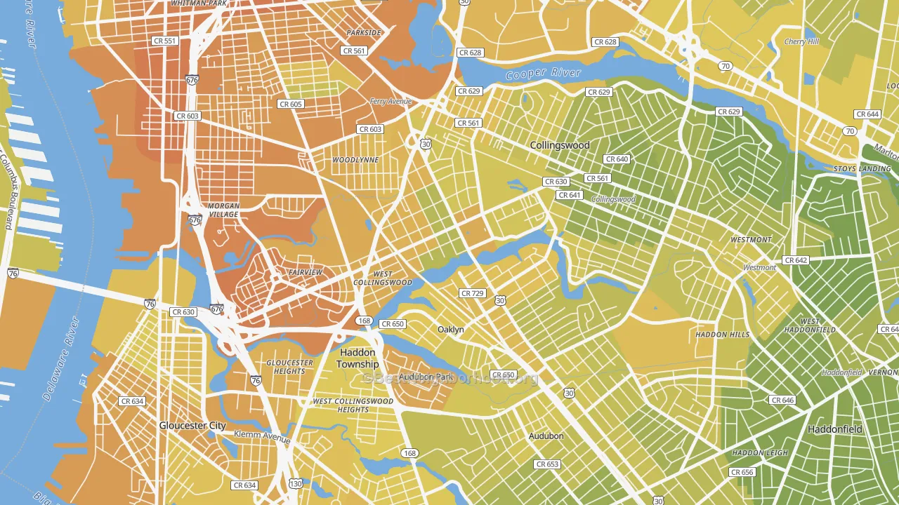 Map of the best neighborhoods in the 08107 area, with better matches in green and worse matches in red