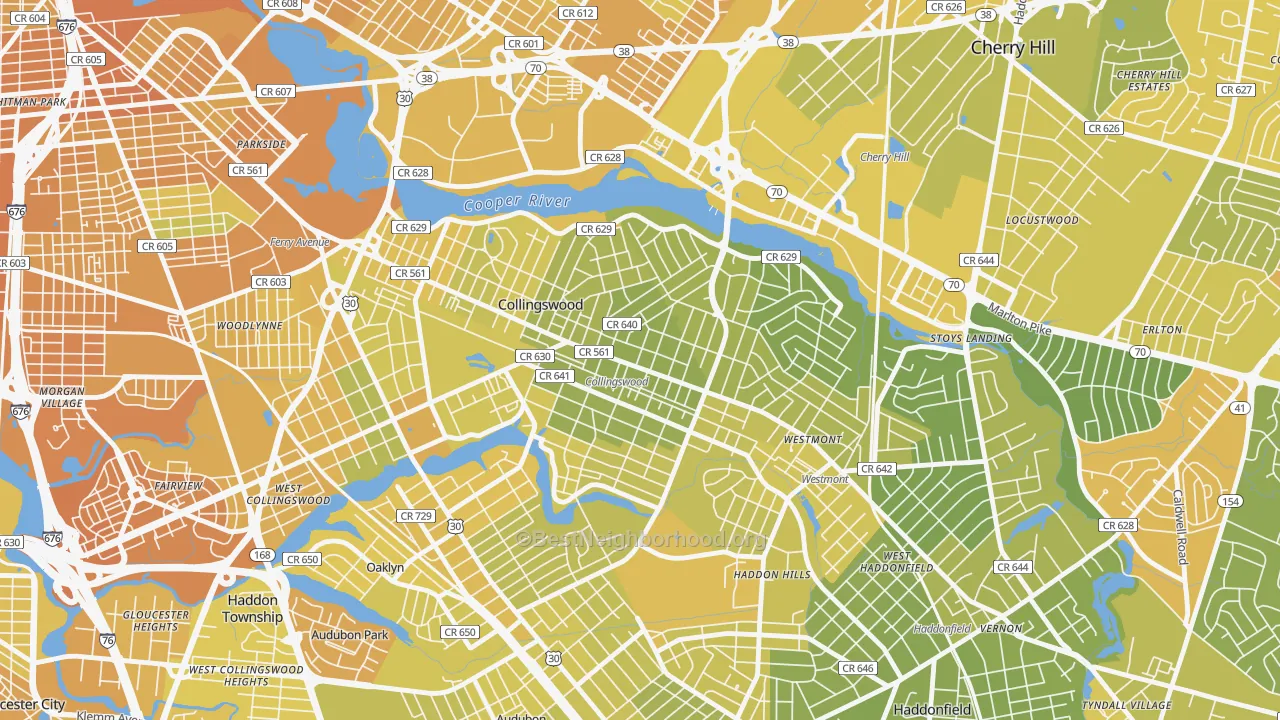 Map of the best neighborhoods in the 08108 area, with better matches in green and worse matches in red