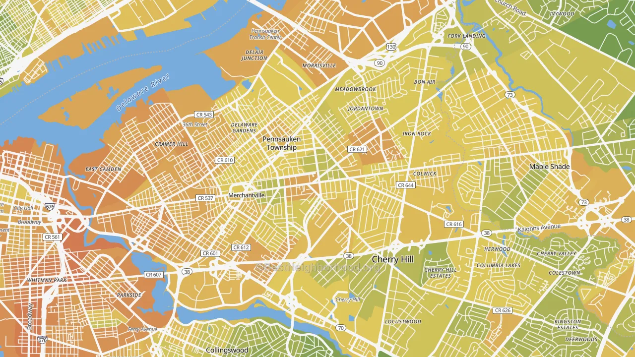 Map of the best neighborhoods in the 08109 area, with better matches in green and worse matches in red