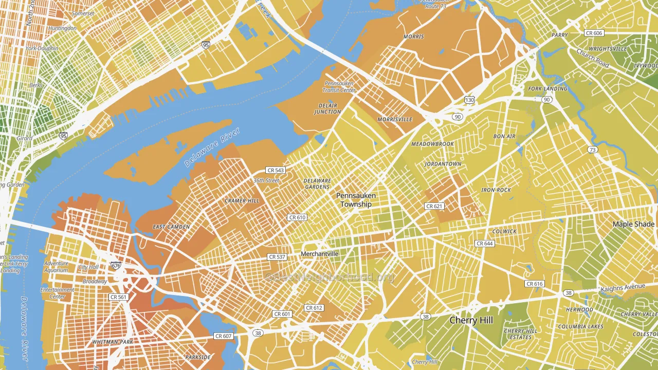 Map of the best neighborhoods in the 08110 area, with better matches in green and worse matches in red