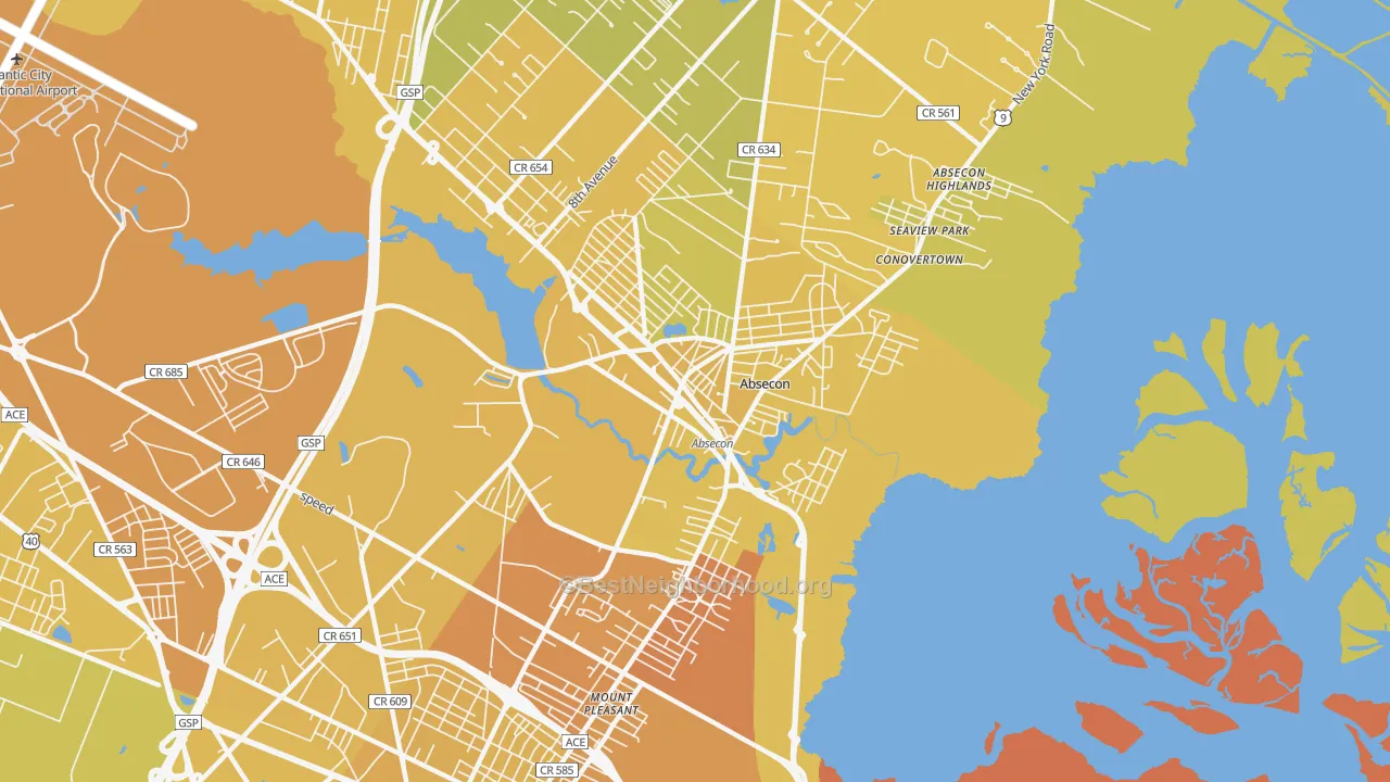 Map of the best neighborhoods in the 08201 area, with better matches in green and worse matches in red
