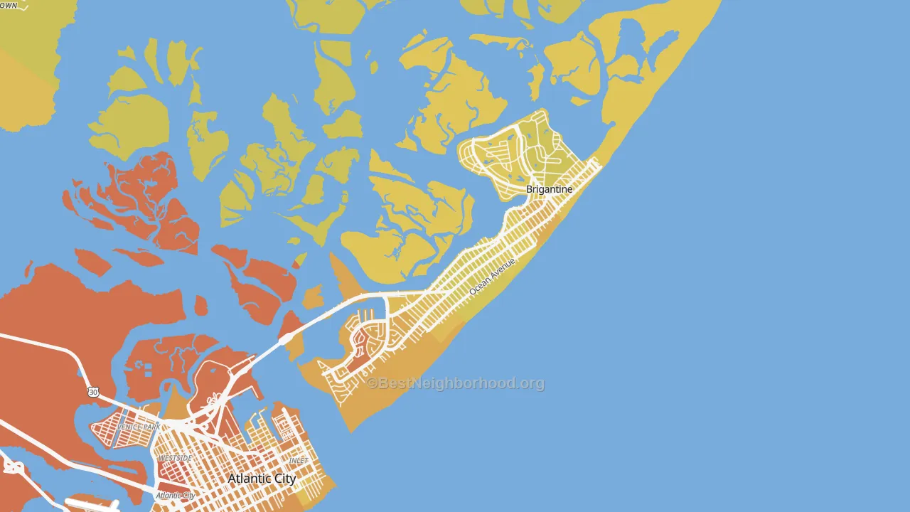 Map of the best neighborhoods in the 08203 area, with better matches in green and worse matches in red