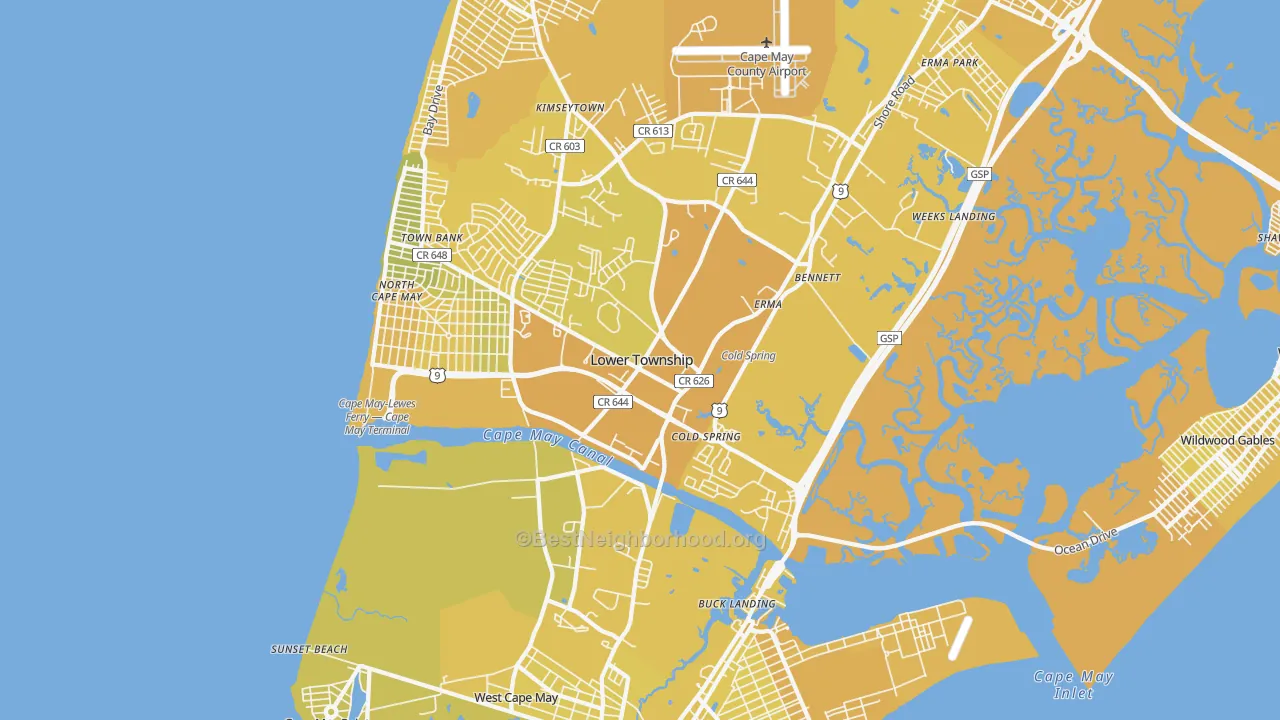 Map of the best neighborhoods in the 08204 area, with better matches in green and worse matches in red