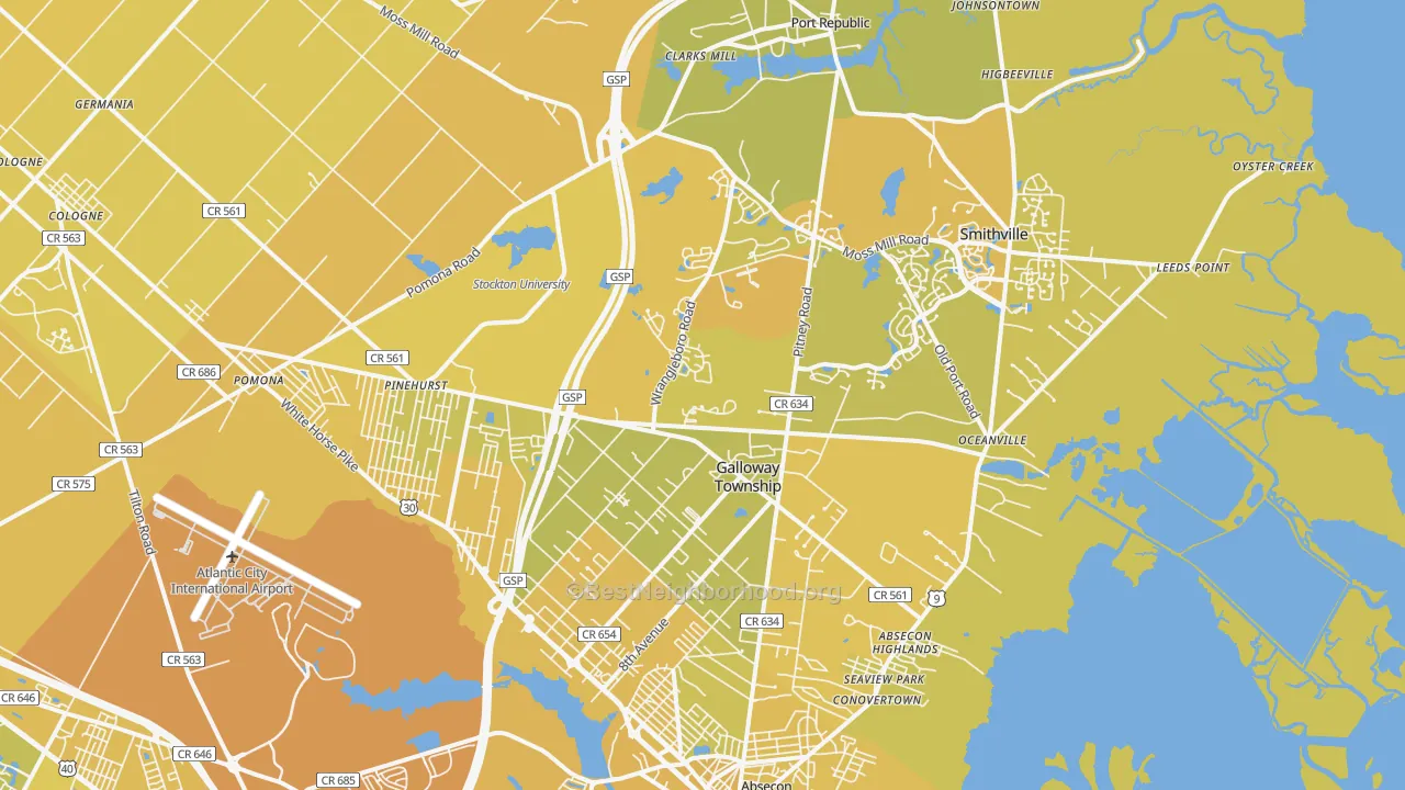 Map of the best neighborhoods in the 08205 area, with better matches in green and worse matches in red