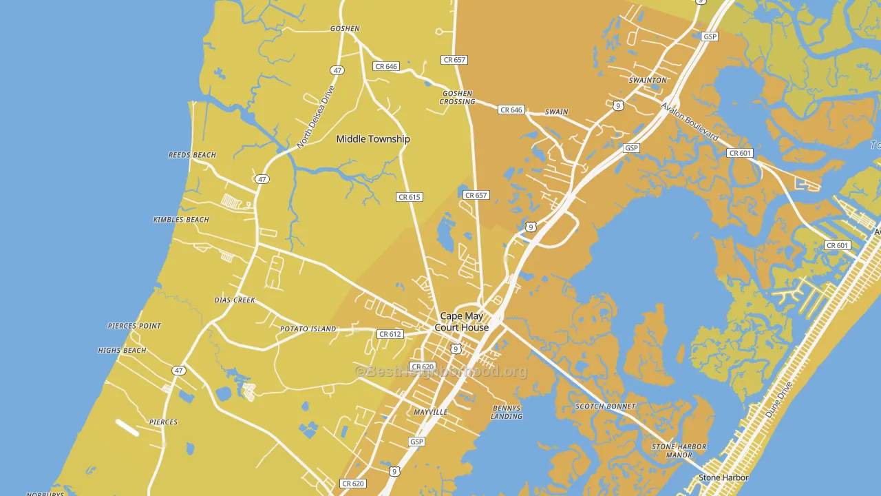 Map of the best neighborhoods in the 08210 area, with better matches in green and worse matches in red