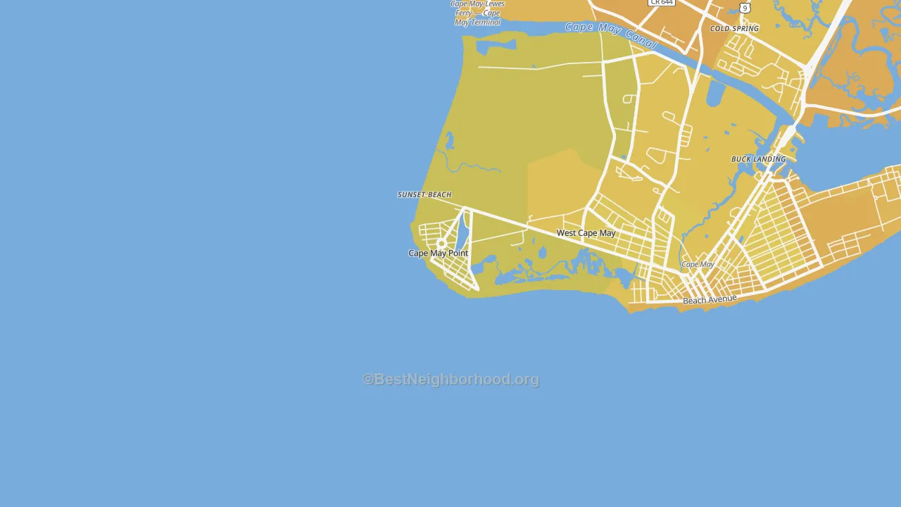 Map of the best neighborhoods in the 08212 area, with better matches in green and worse matches in red