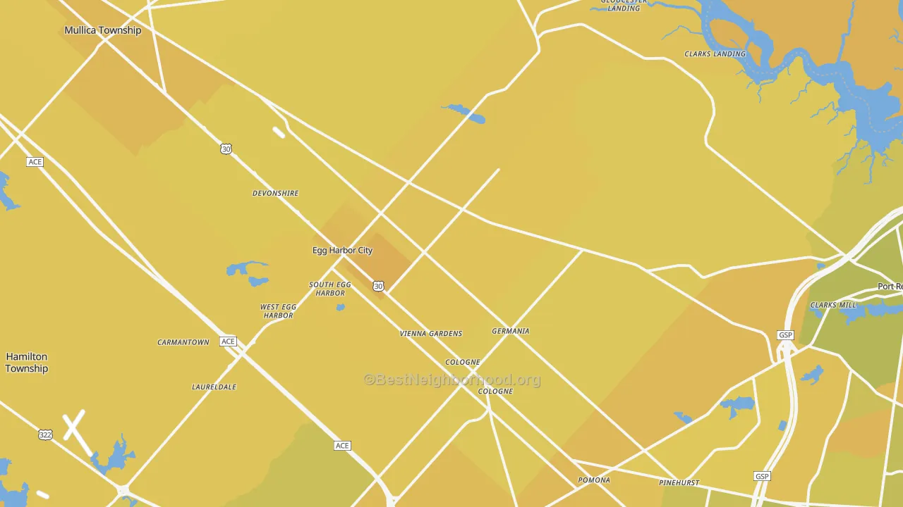 Map of the best neighborhoods in the 08215 area, with better matches in green and worse matches in red