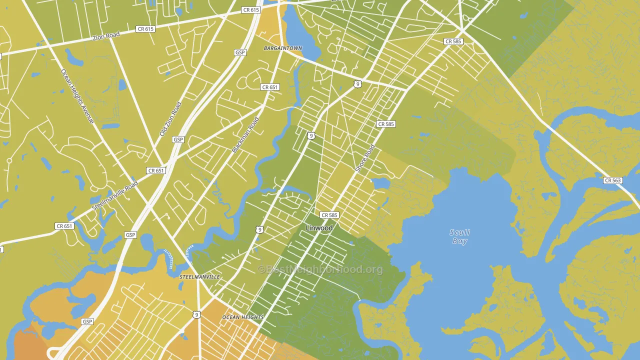 Map of the best neighborhoods in the 08221 area, with better matches in green and worse matches in red