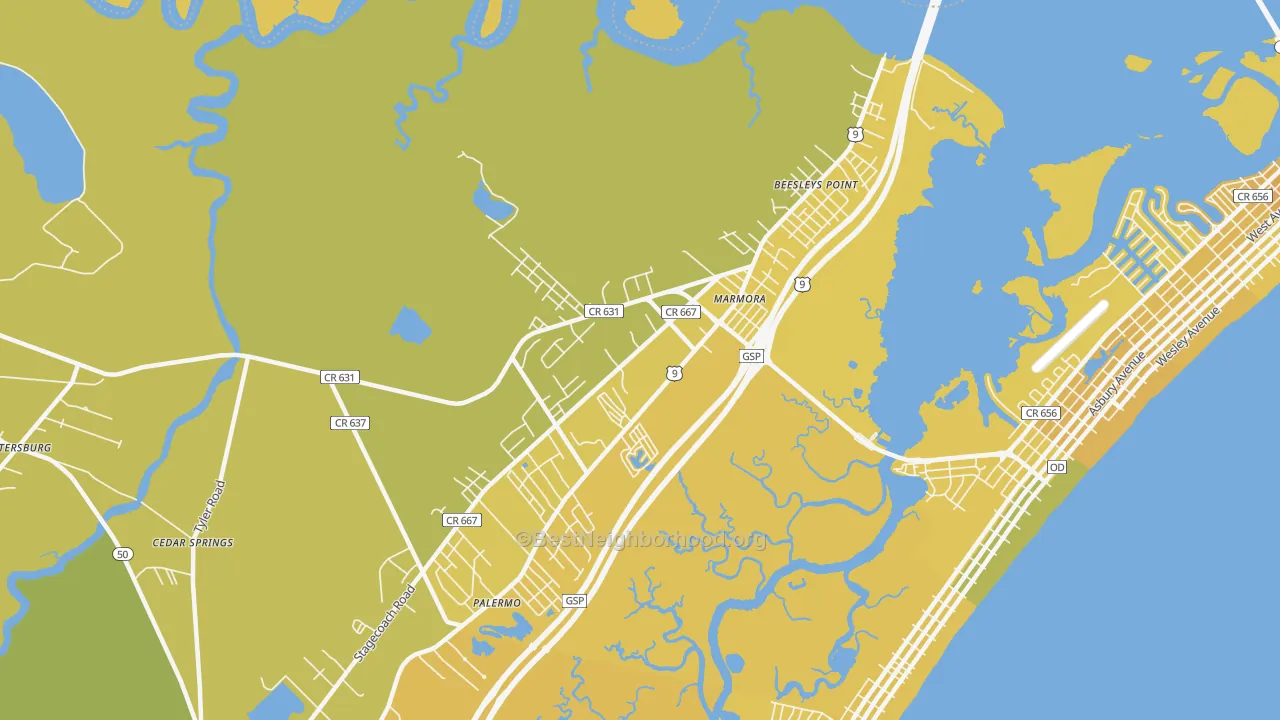 Map of the best neighborhoods in the 08223 area, with better matches in green and worse matches in red