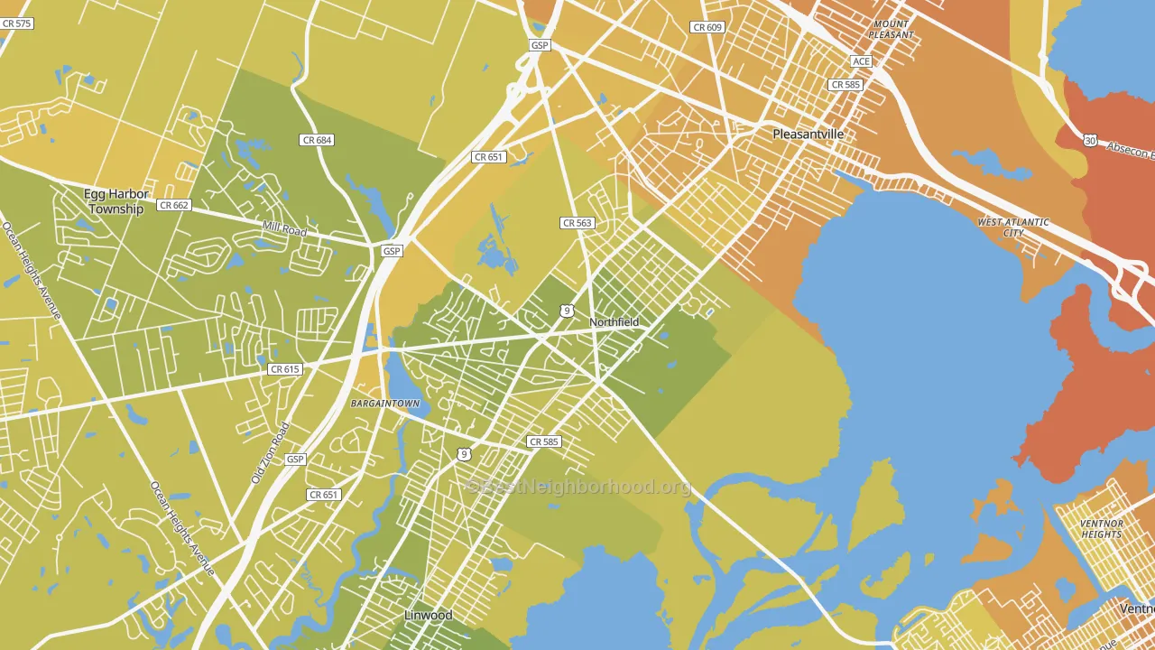 Map of the best neighborhoods in the 08225 area, with better matches in green and worse matches in red