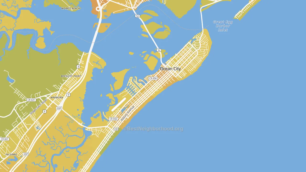 Map of the best neighborhoods in the 08226 area, with better matches in green and worse matches in red
