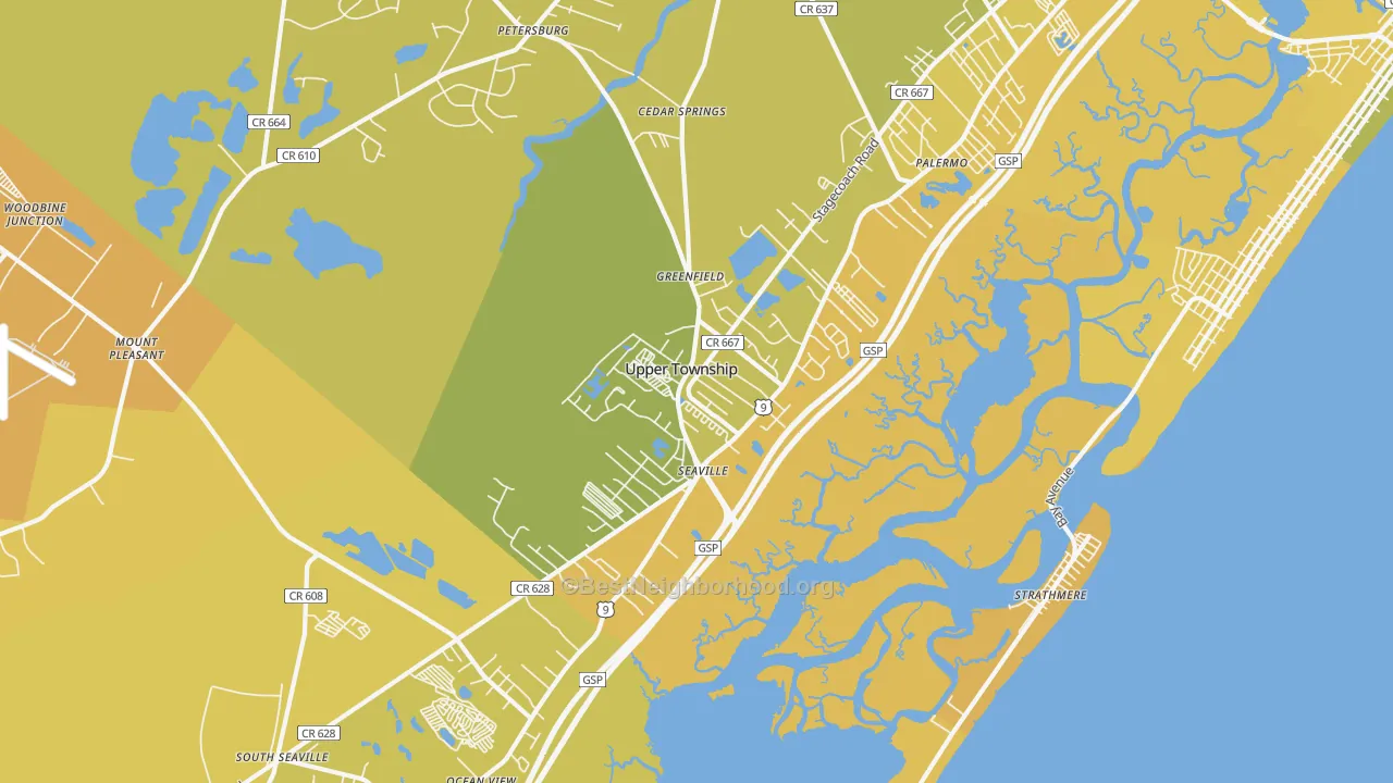 Map of the best neighborhoods in the 08230 area, with better matches in green and worse matches in red