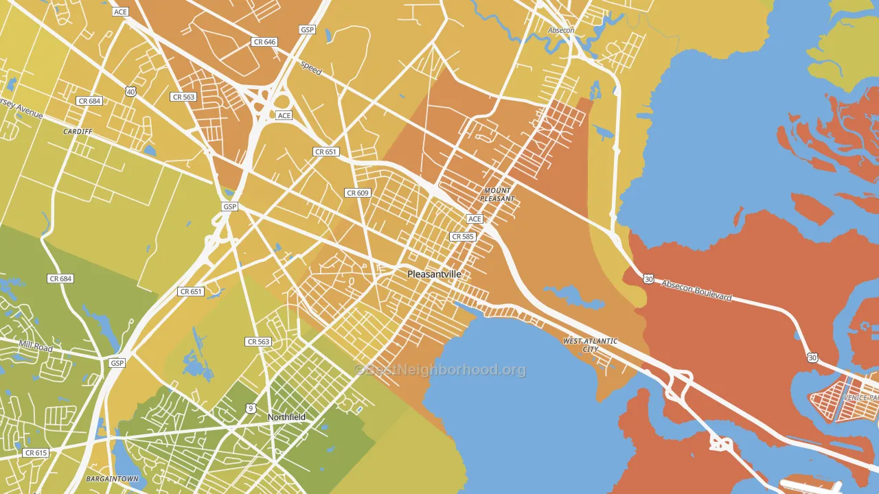 Map of the best neighborhoods in the 08232 area, with better matches in green and worse matches in red