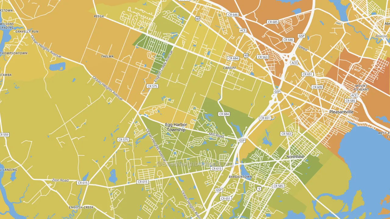 Map of the best neighborhoods in the 08234 area, with better matches in green and worse matches in red