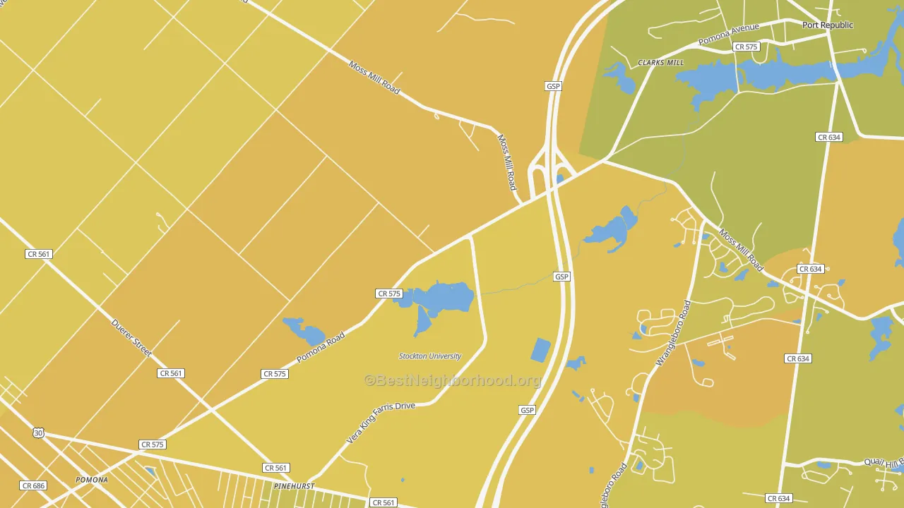 Map of the best neighborhoods in the 08240 area, with better matches in green and worse matches in red