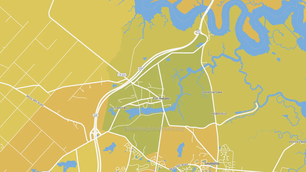 Map of the best neighborhoods in the 08241 area, with better matches in green and worse matches in red