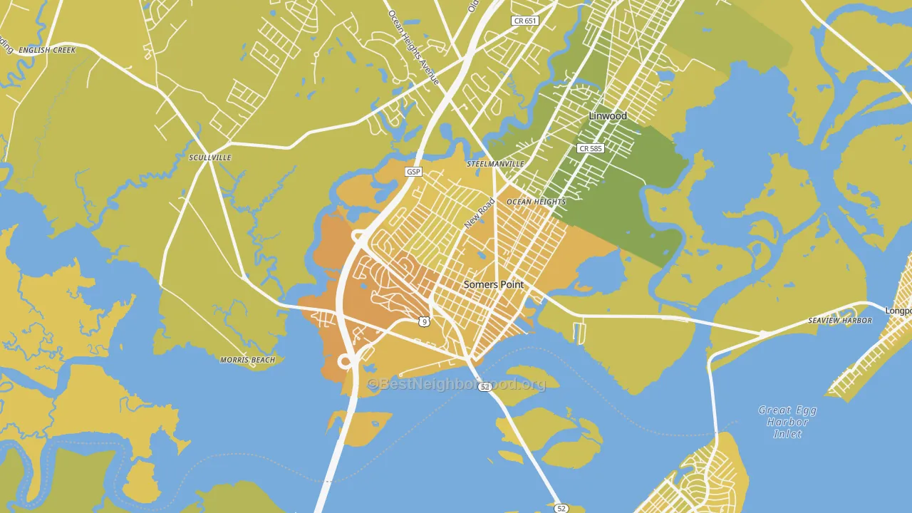 Map of the best neighborhoods in the 08244 area, with better matches in green and worse matches in red
