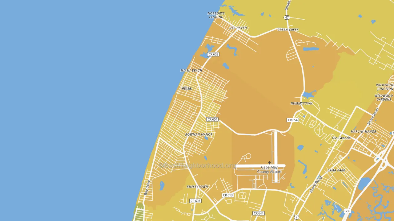 Map of the best neighborhoods in the 08251 area, with better matches in green and worse matches in red