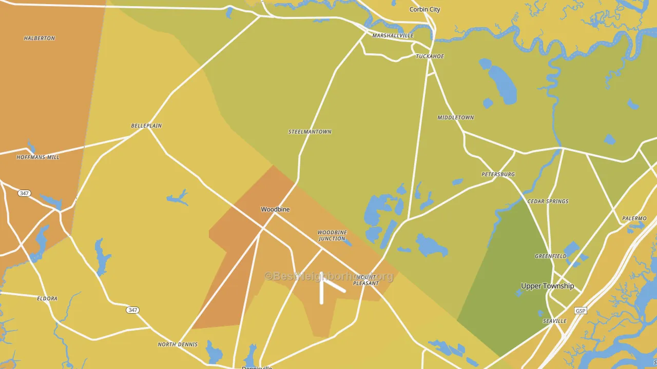 Map of the best neighborhoods in the 08270 area, with better matches in green and worse matches in red