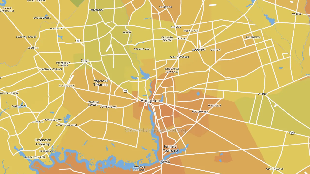 Map of the best neighborhoods in the 08302 area, with better matches in green and worse matches in red