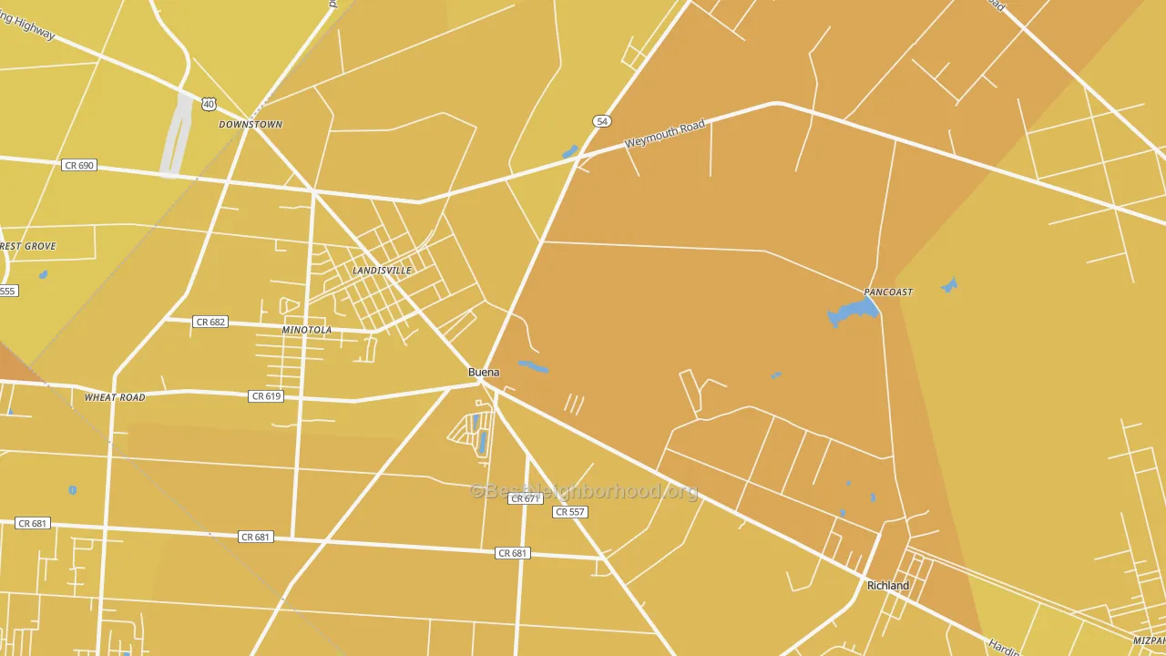 Map of the best neighborhoods in the 08310 area, with better matches in green and worse matches in red