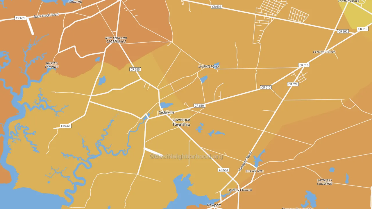 Map of the best neighborhoods in the 08311 area, with better matches in green and worse matches in red