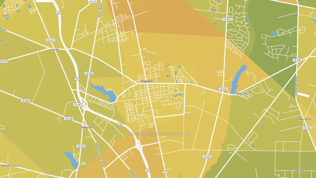 Map of the best neighborhoods in the 08312 area, with better matches in green and worse matches in red