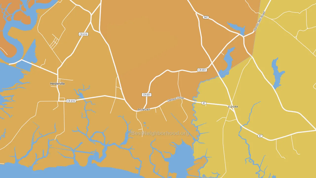 Map of the best neighborhoods in the 08314 area, with better matches in green and worse matches in red