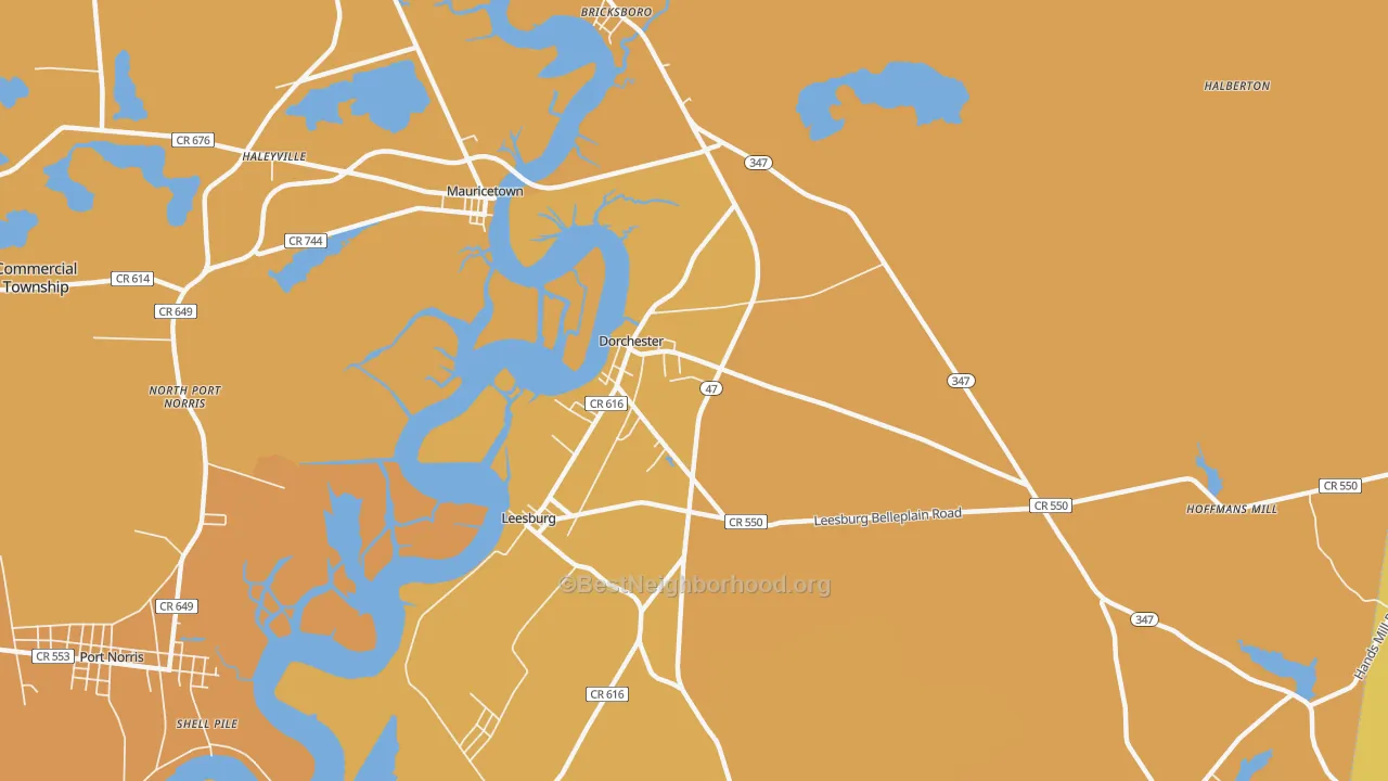Map of the best neighborhoods in the 08316 area, with better matches in green and worse matches in red
