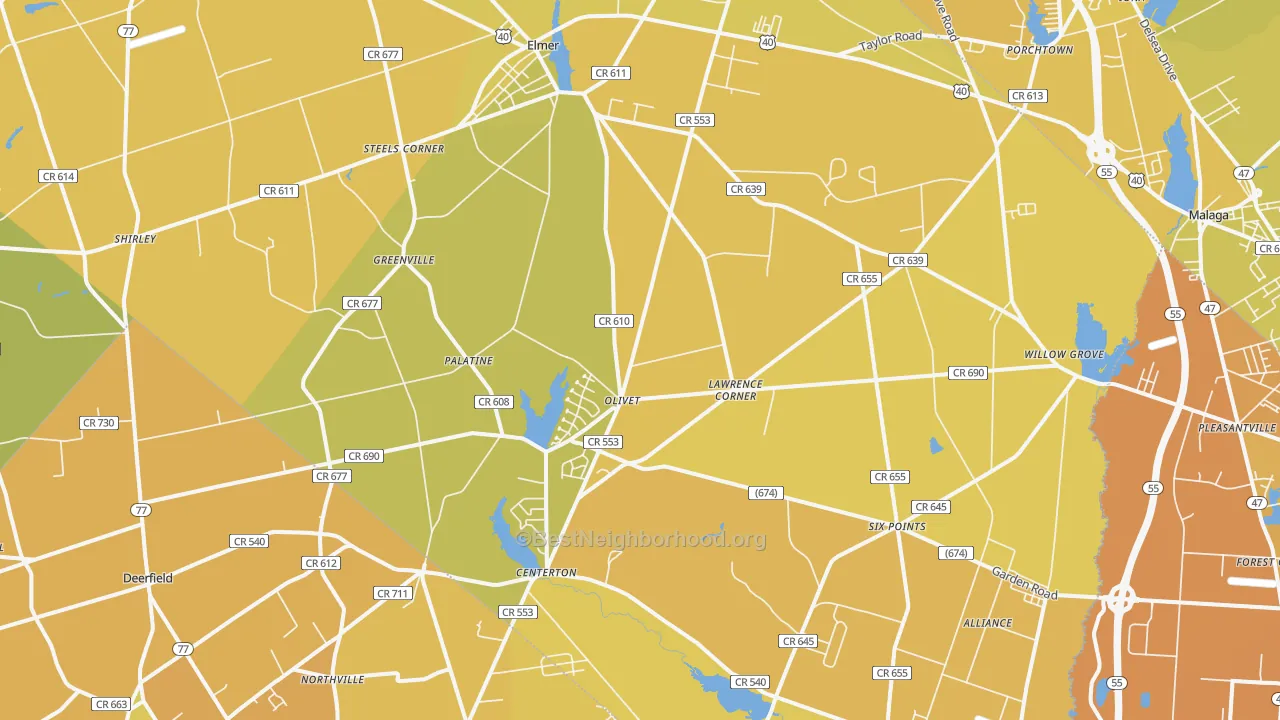Map of the best neighborhoods in the 08318 area, with better matches in green and worse matches in red