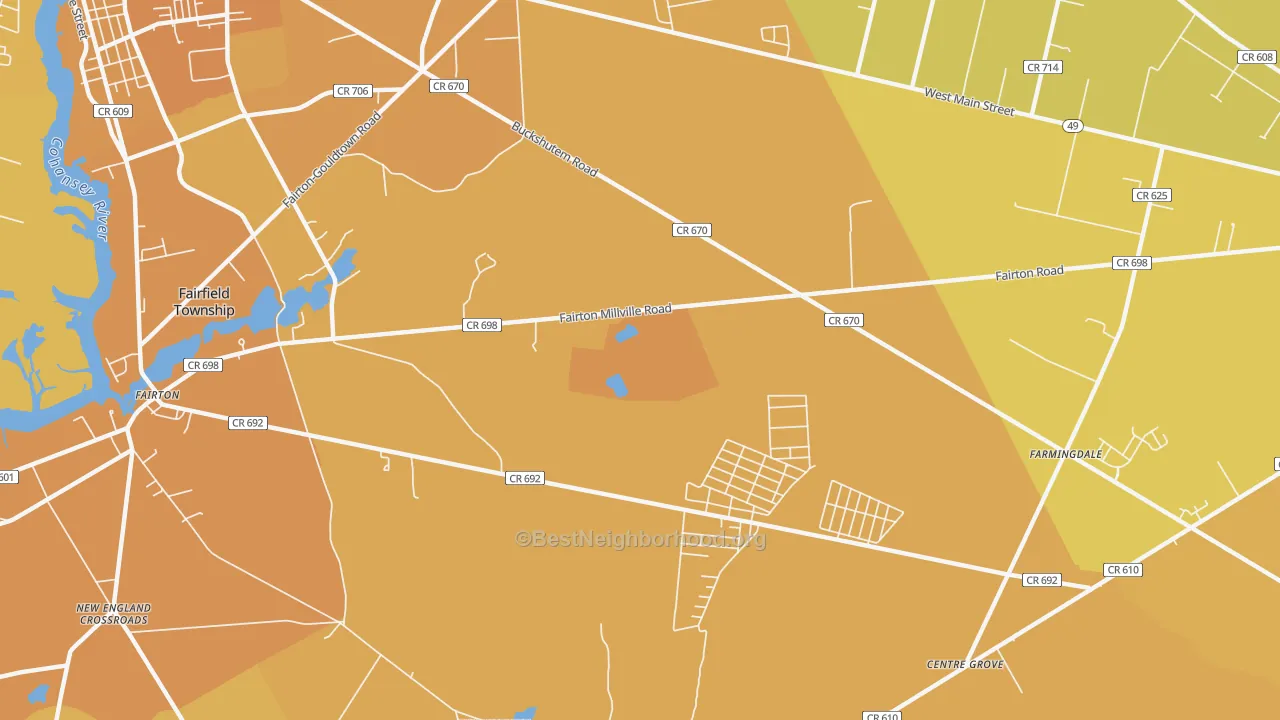 Map of the best neighborhoods in the 08320 area, with better matches in green and worse matches in red