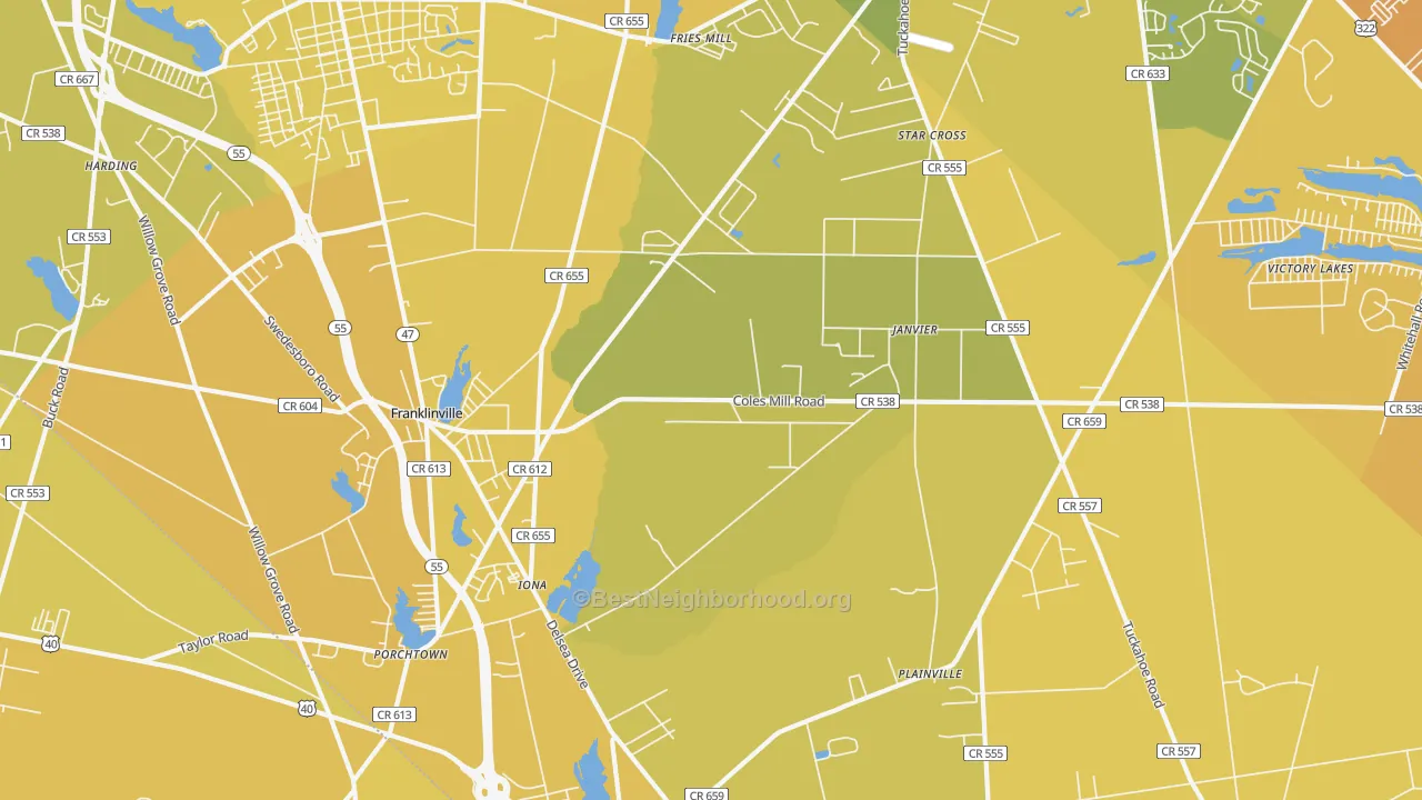 Map of the best neighborhoods in the 08322 area, with better matches in green and worse matches in red