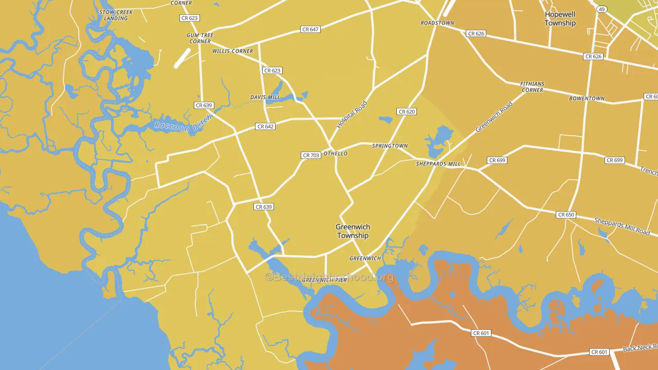 Map of the best neighborhoods in the 08323 area, with better matches in green and worse matches in red