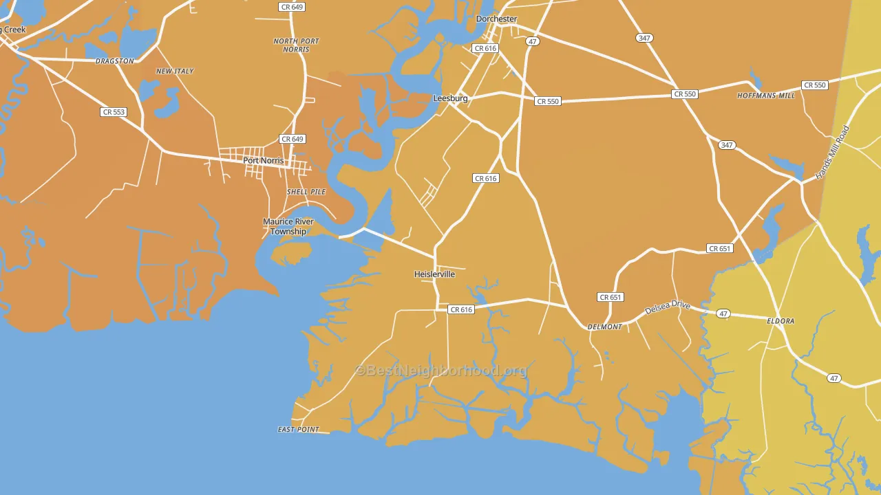 Map of the best neighborhoods in the 08324 area, with better matches in green and worse matches in red
