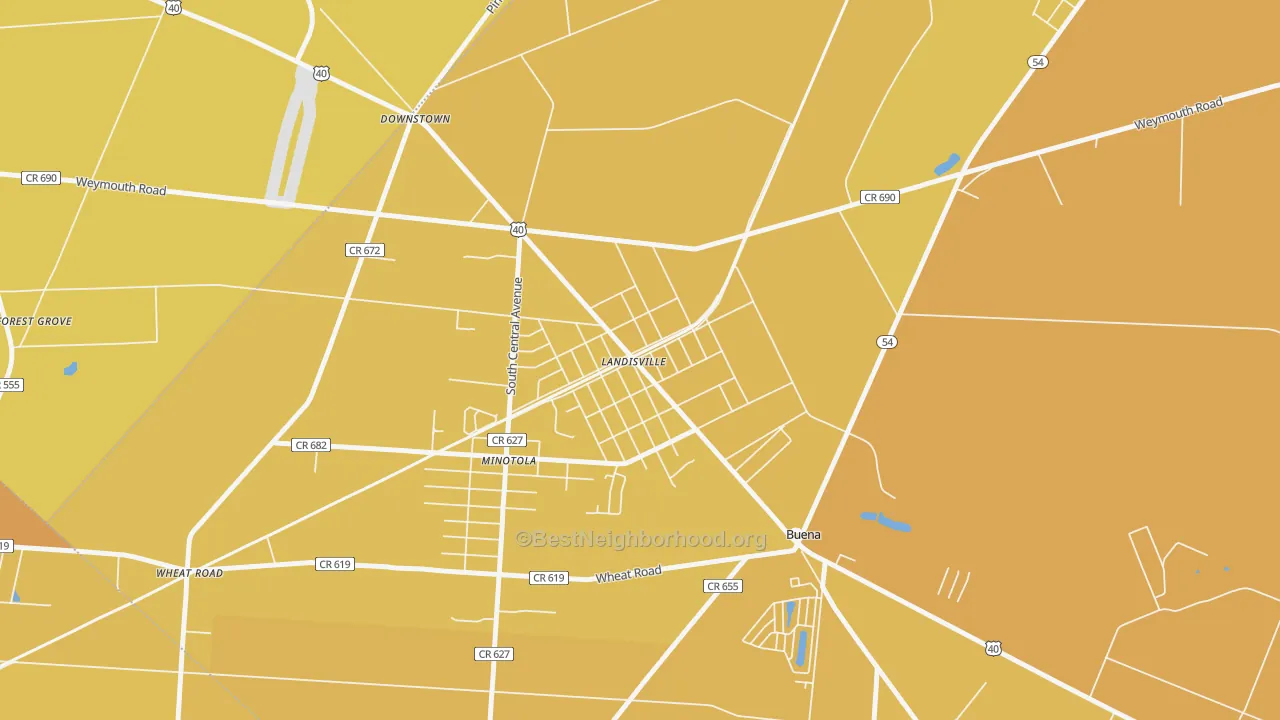 Map of the best neighborhoods in the 08326 area, with better matches in green and worse matches in red