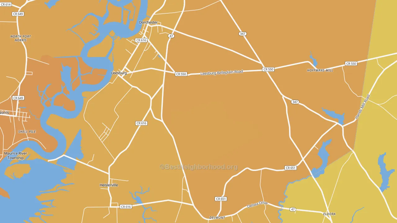 Map of the best neighborhoods in the 08327 area, with better matches in green and worse matches in red