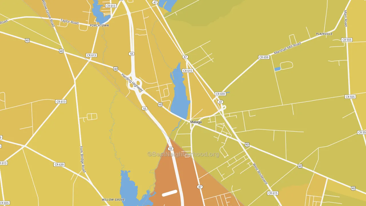 Map of the best neighborhoods in the 08328 area, with better matches in green and worse matches in red