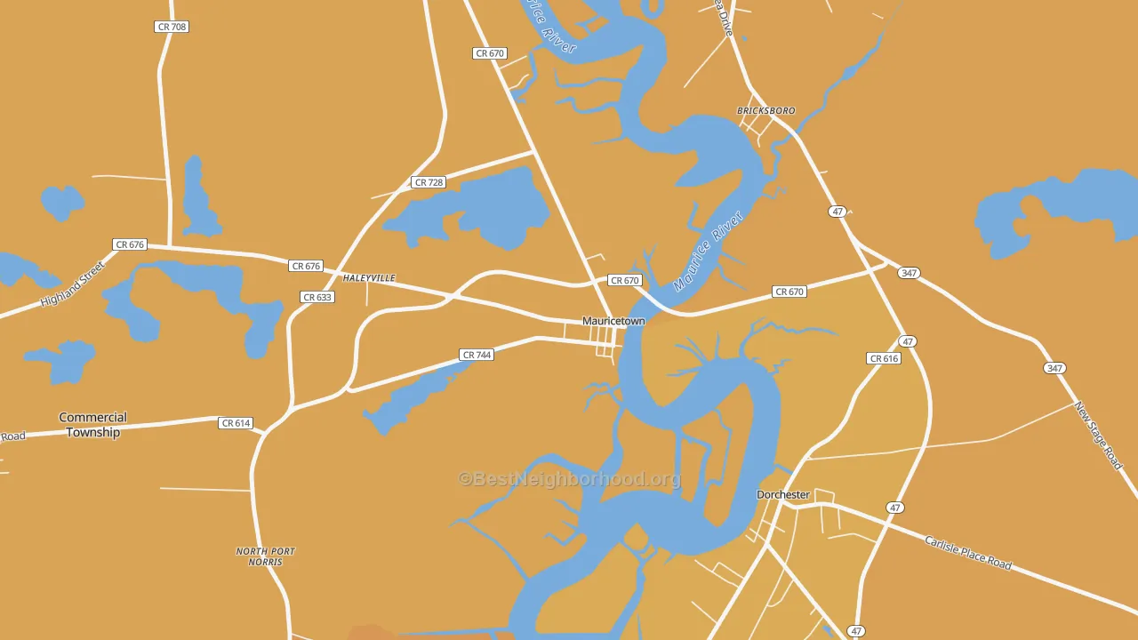 Map of the best neighborhoods in the 08329 area, with better matches in green and worse matches in red