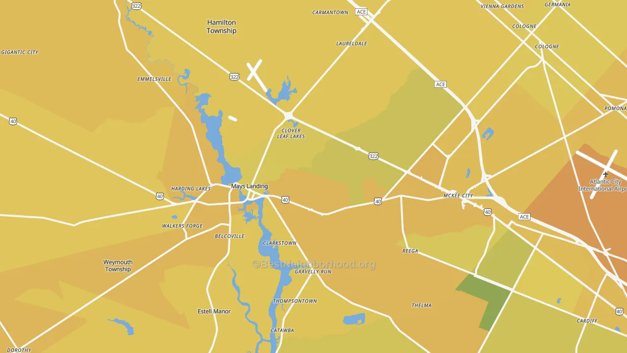 Map of the best neighborhoods in the 08330 area, with better matches in green and worse matches in red