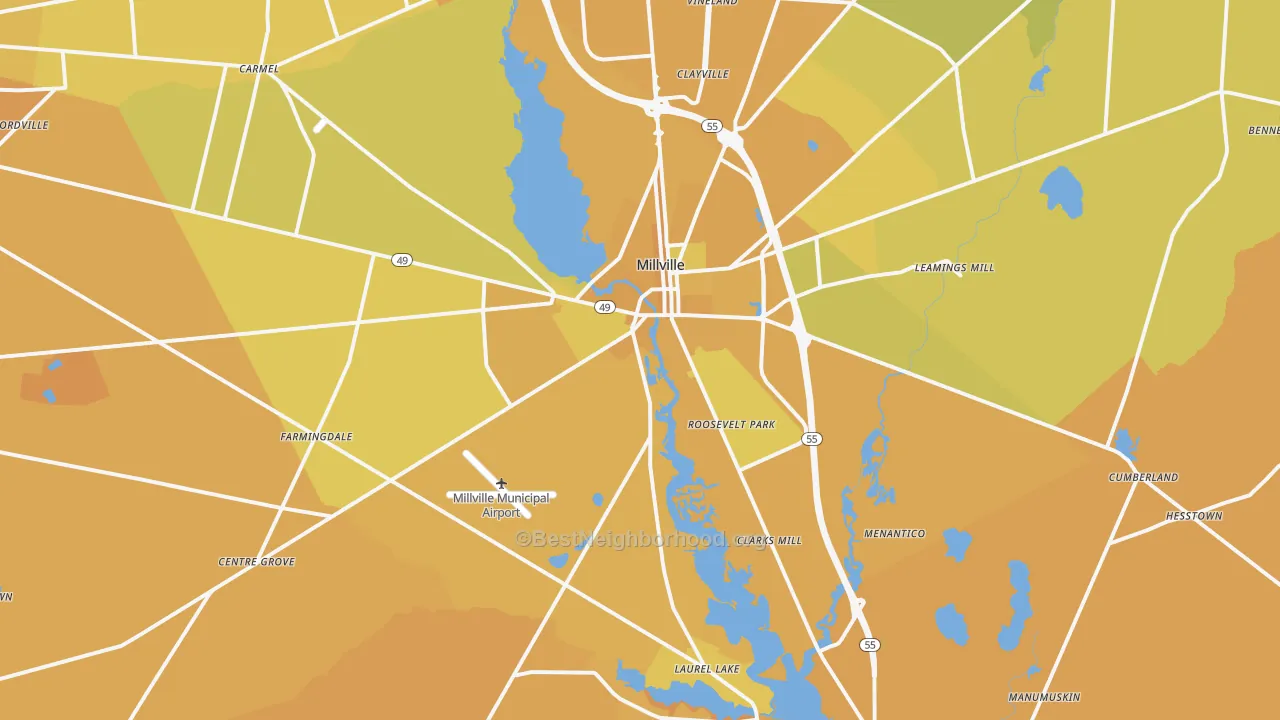 Map of the best neighborhoods in the 08332 area, with better matches in green and worse matches in red