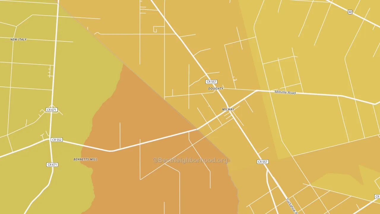 Map of the best neighborhoods in the 08340 area, with better matches in green and worse matches in red