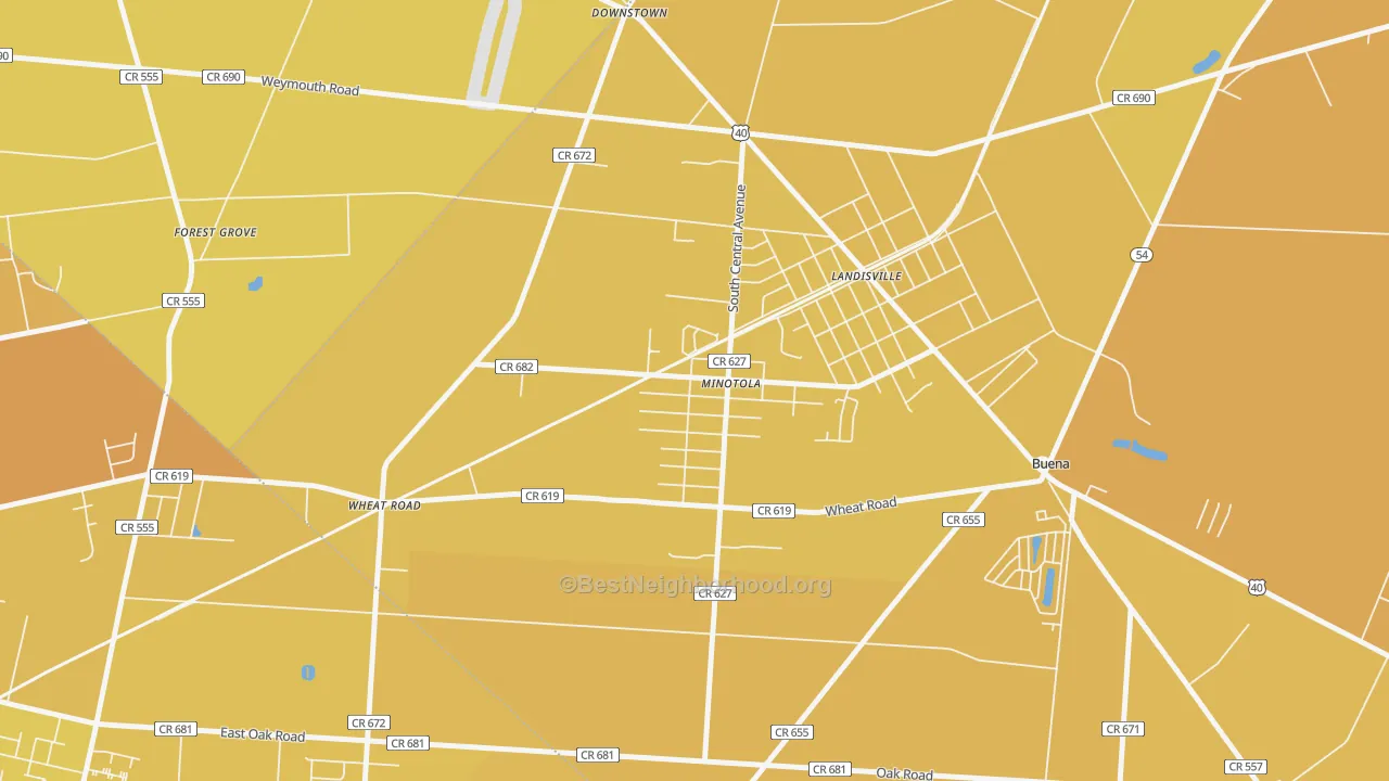 Map of the best neighborhoods in the 08341 area, with better matches in green and worse matches in red