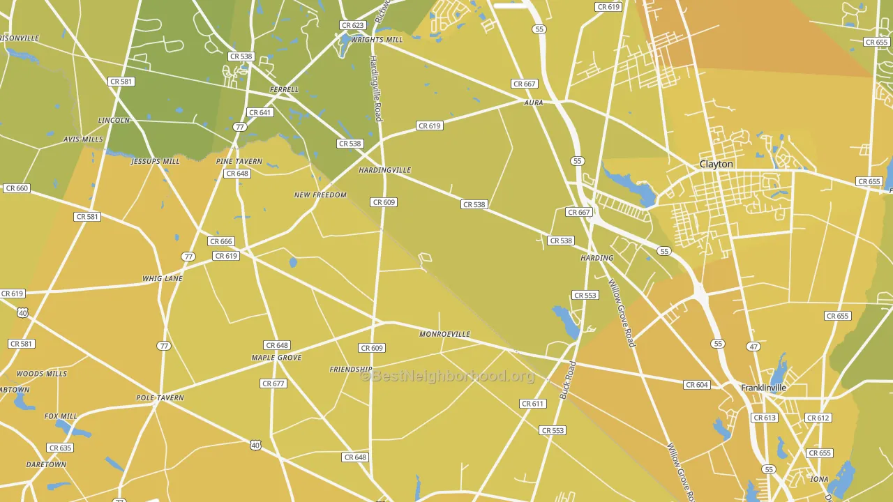 Map of the best neighborhoods in the 08343 area, with better matches in green and worse matches in red