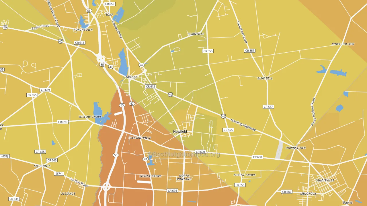Map of the best neighborhoods in the 08344 area, with better matches in green and worse matches in red
