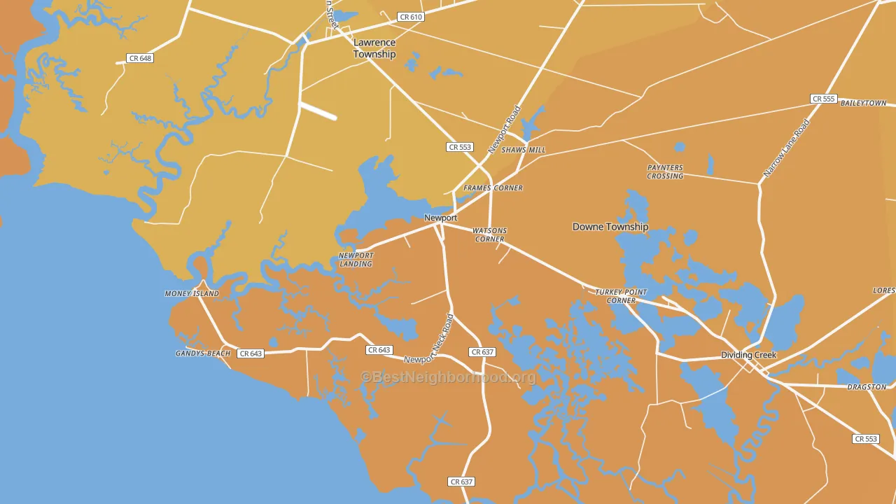 Map of the best neighborhoods in the 08345 area, with better matches in green and worse matches in red