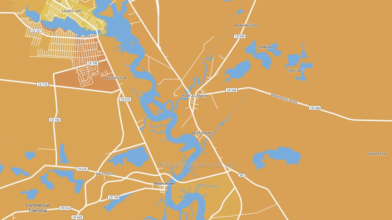Map of the best neighborhoods in the 08348 area, with better matches in green and worse matches in red