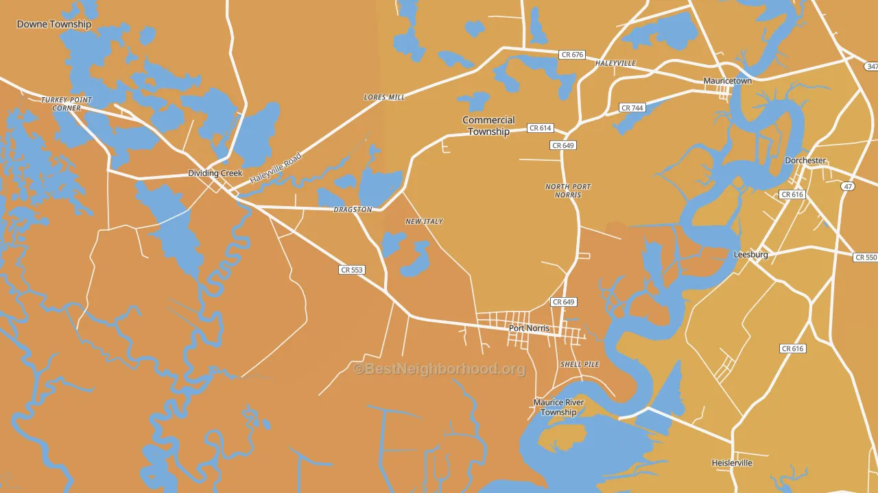 Map of the best neighborhoods in the 08349 area, with better matches in green and worse matches in red