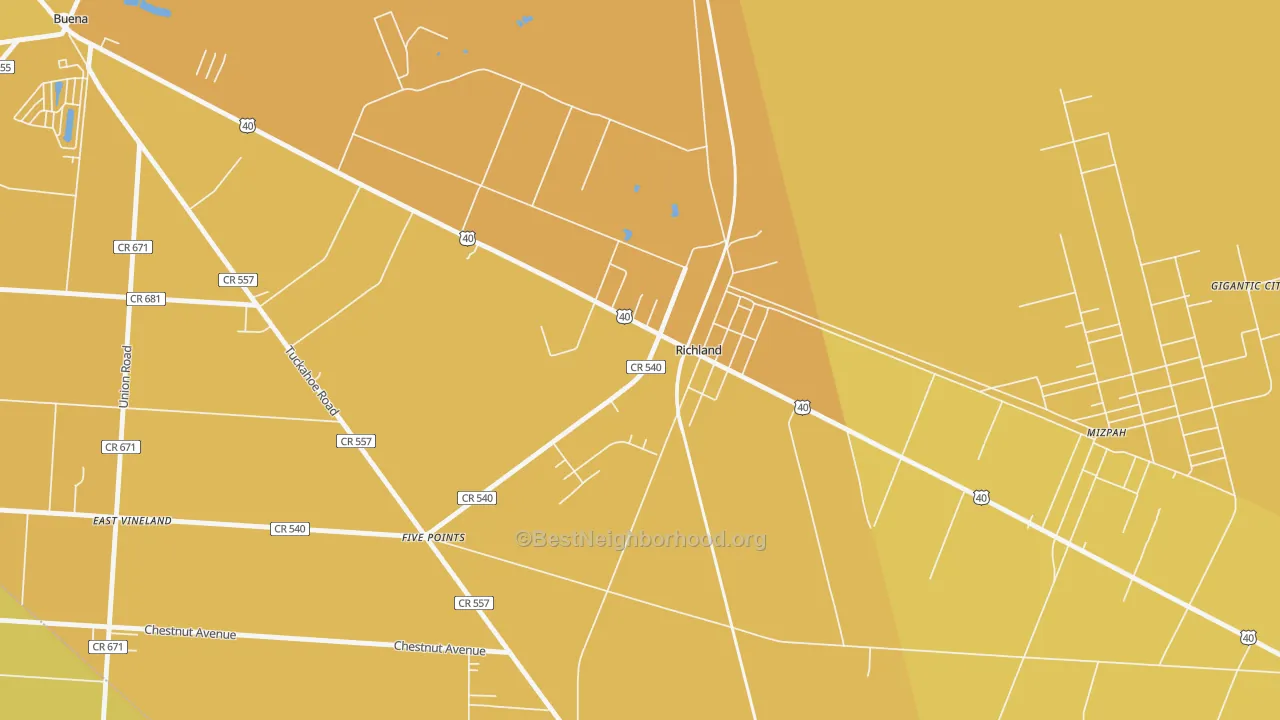 Map of the best neighborhoods in the 08350 area, with better matches in green and worse matches in red