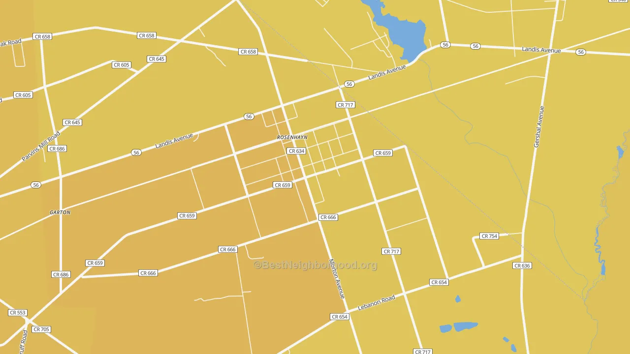 Map of the best neighborhoods in the 08352 area, with better matches in green and worse matches in red
